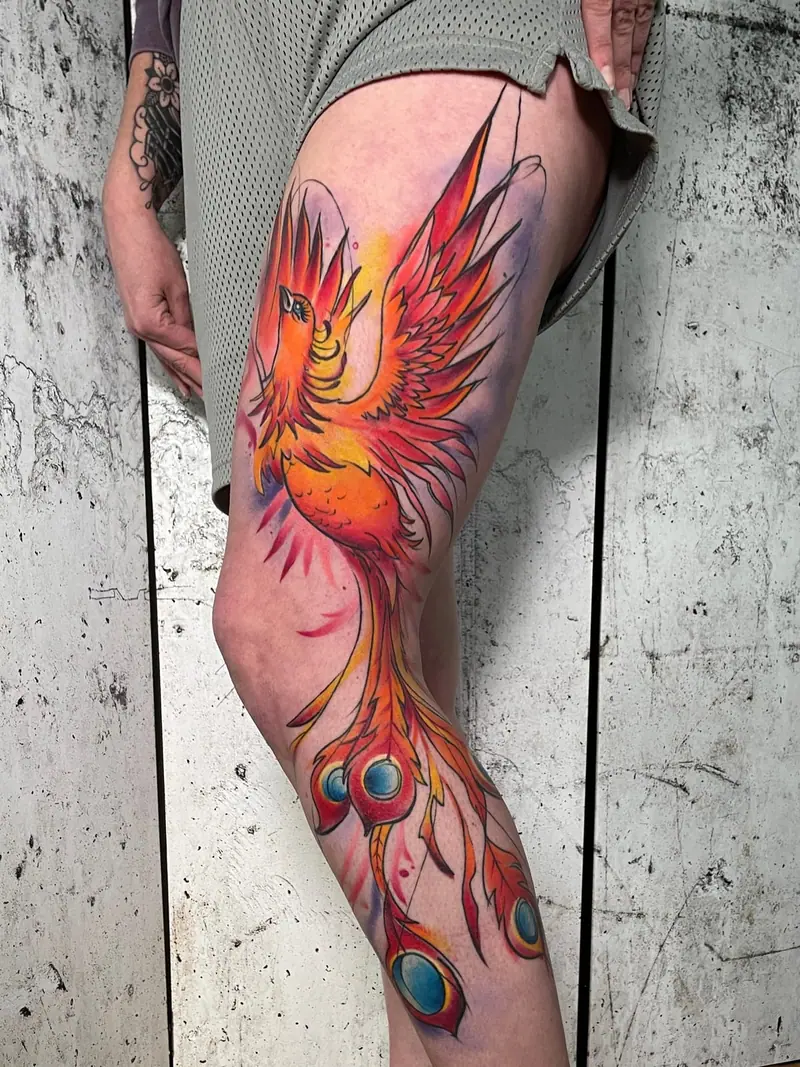 Phönix in kräftigen Orange- und Rottönen am Bein, farbiges Tattoo von Maya in Frankfurt.