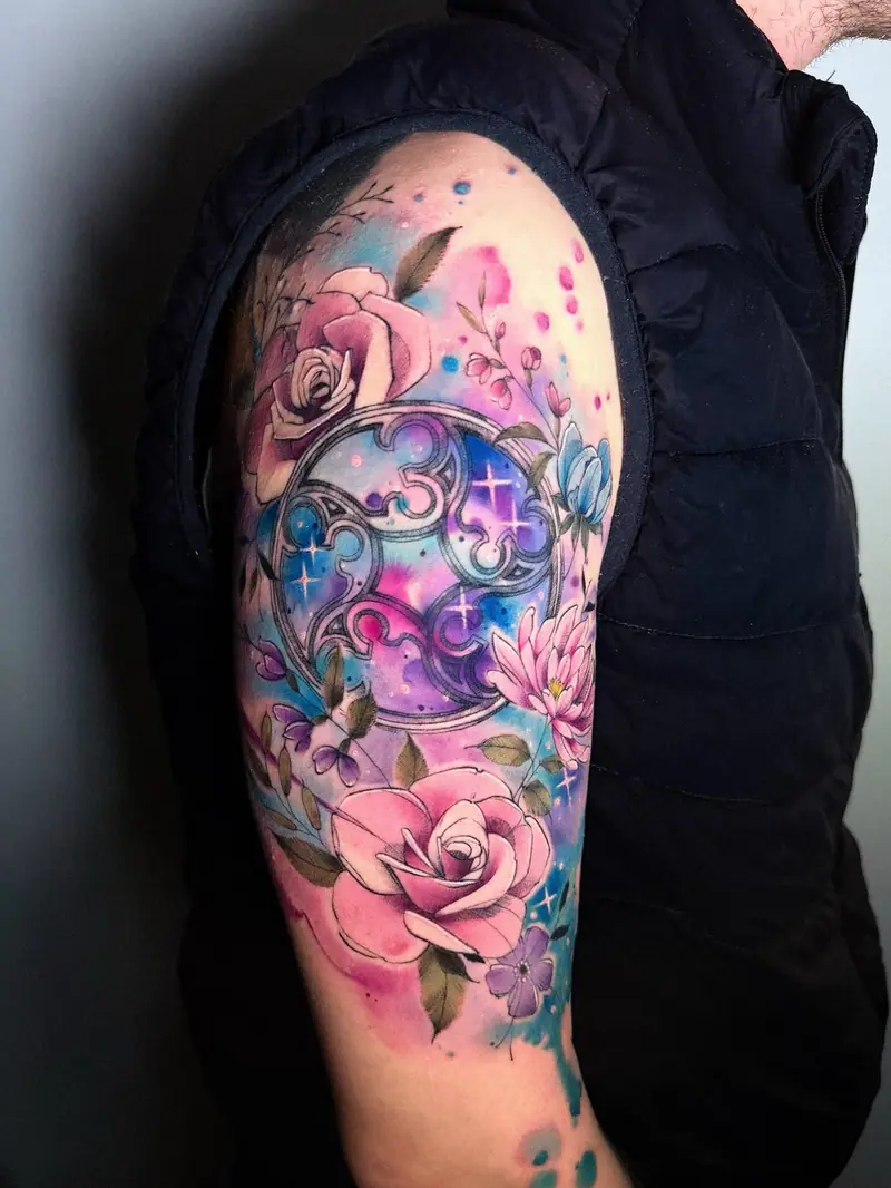 Watercolor-Sleeve mit Rosen und ornamentalem Kreismotiv in Pastelltönen, von Maya.