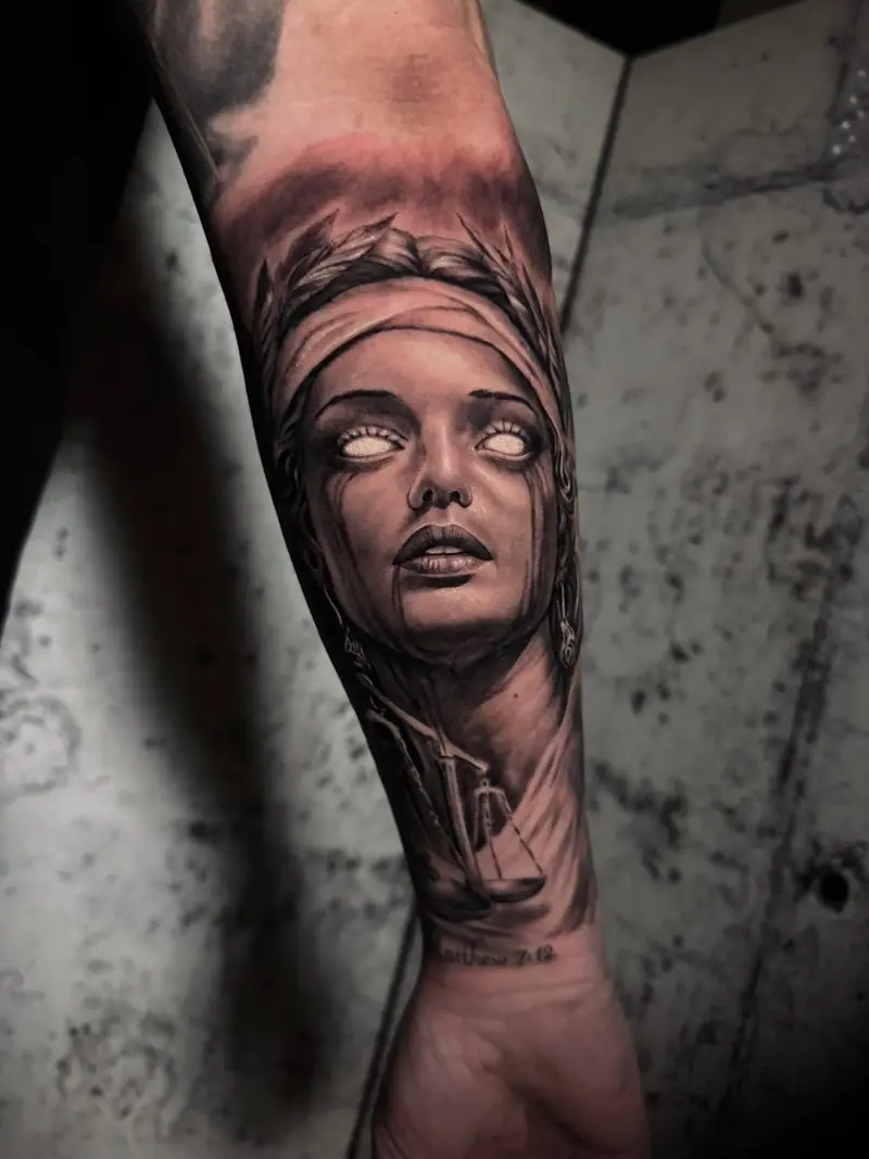 Justitia-Porträt mit verbundenen Augen und Waage am Unterarm, Black-&-Grey-Realismus von Sabina.