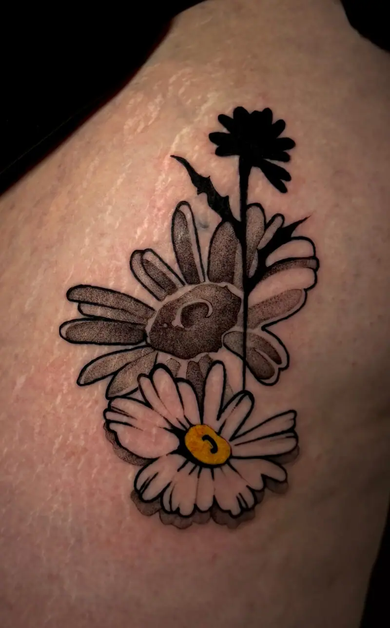 Gänseblümchen als Narben-Cover-up, illustrativ und weich schattiert von Valeriia.